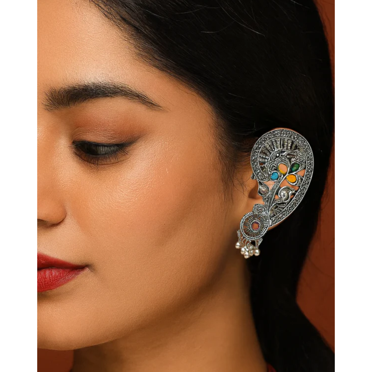 Multicolor Stone Floral Oxidised Ear Cuffs for Women – Navratri Special