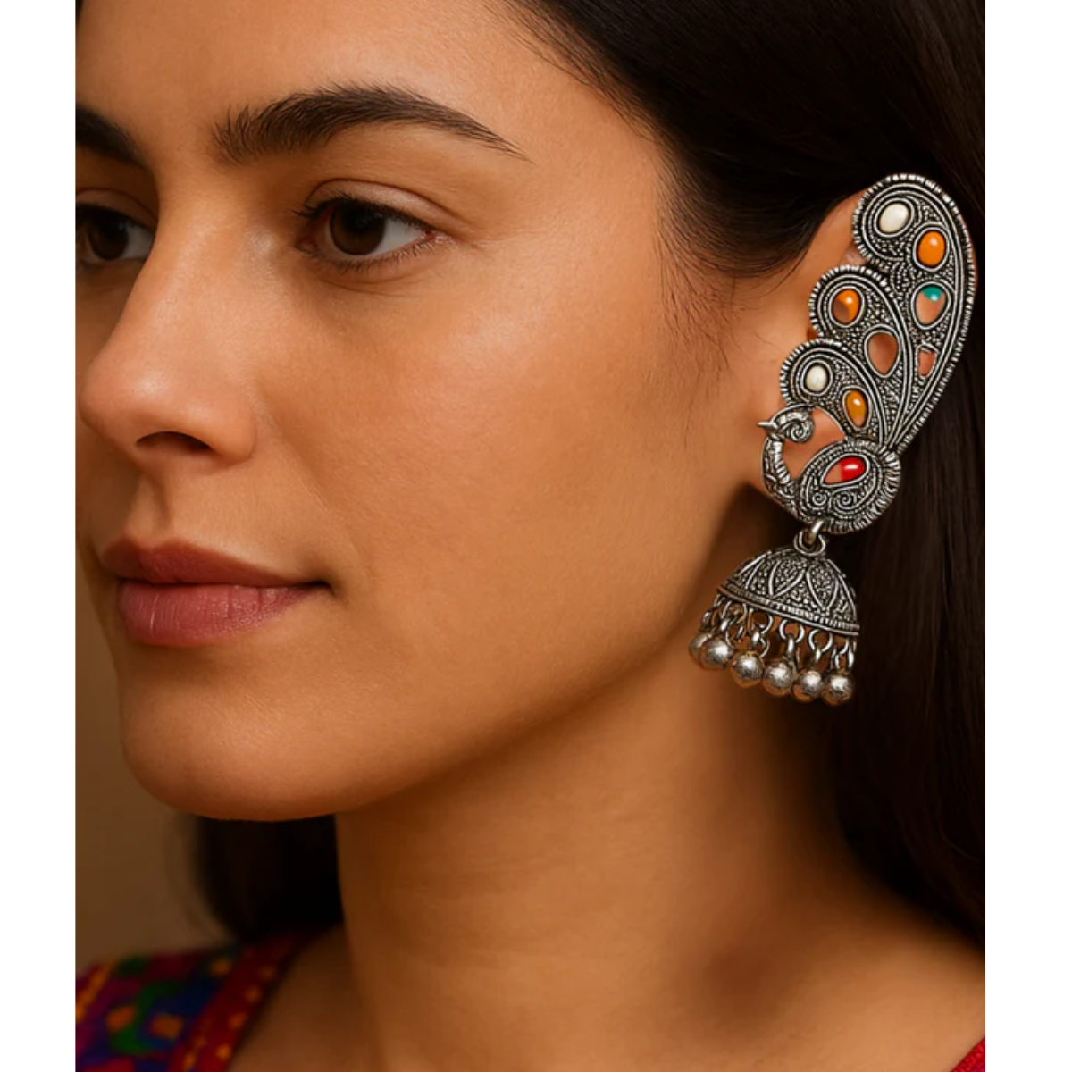 Multicolor Peacock Design Oxidised Ear Cuffs with Jhumka