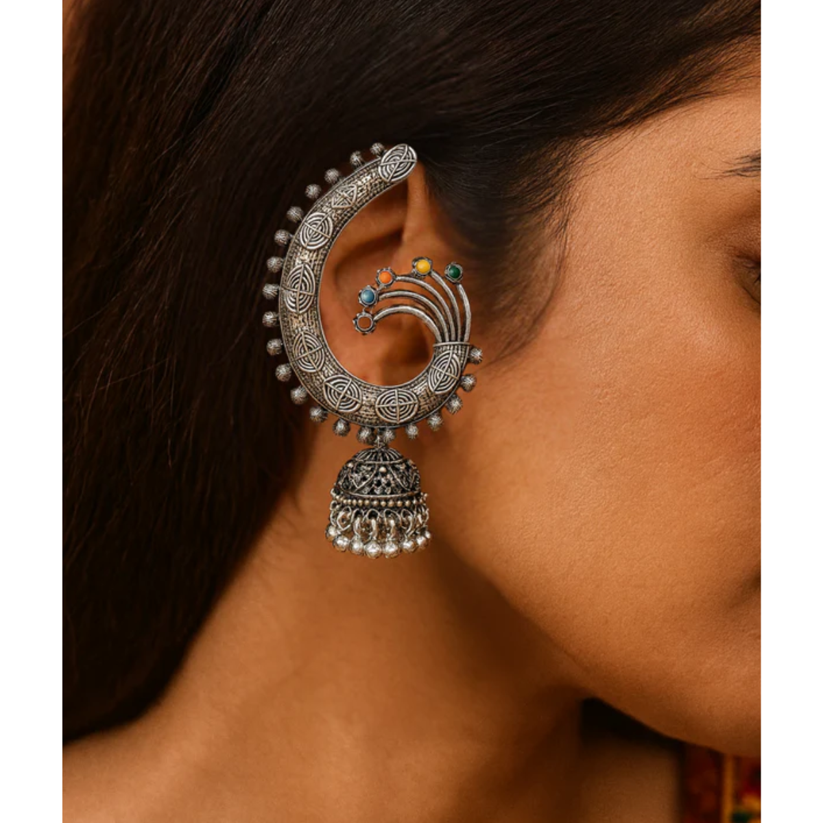 Round Floral Multicolor Oxidised Ear Cuffs with Ghungroo