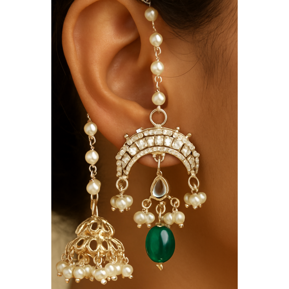 Traditional Pearl & Green Stone Jhumka with Ear Chain