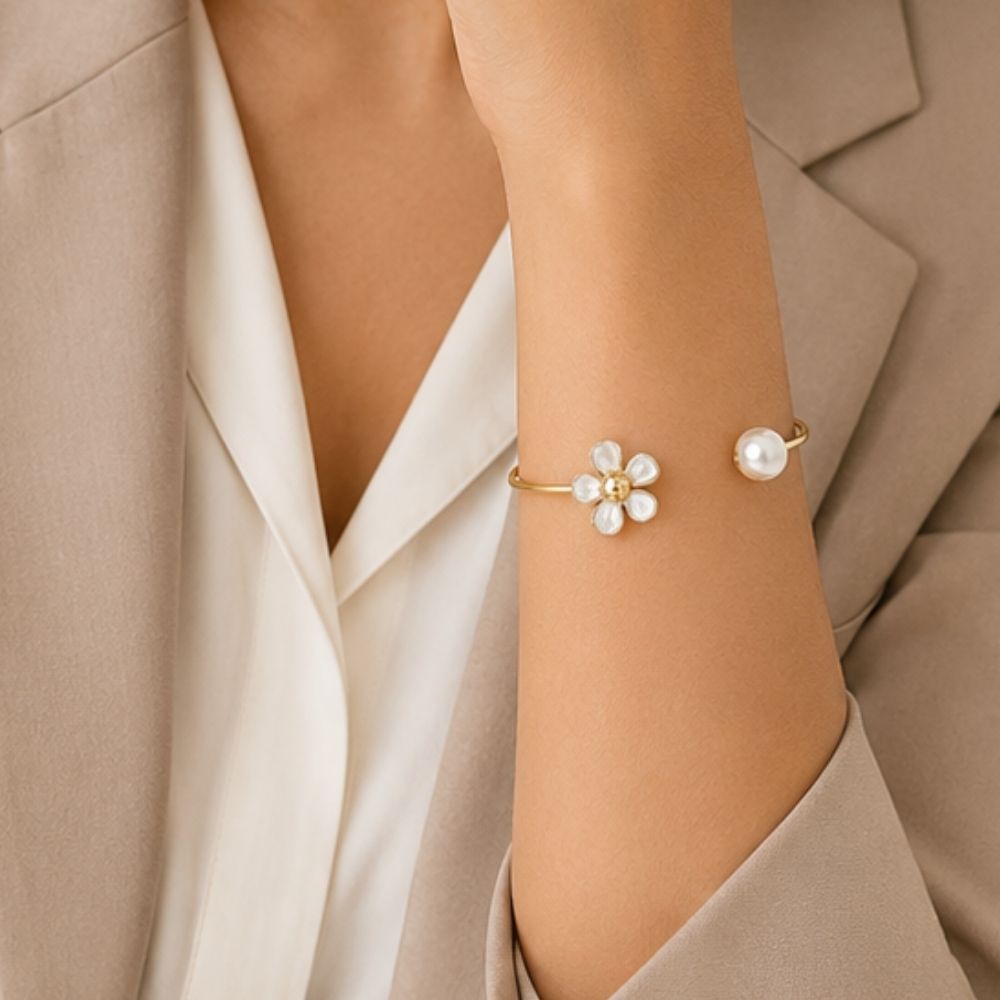 Seren- Floral Pearl Open Cuff Bracelet