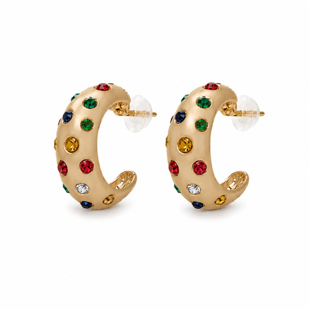 Ellie- Rainbow Crystal Crescent Hoop Earrings