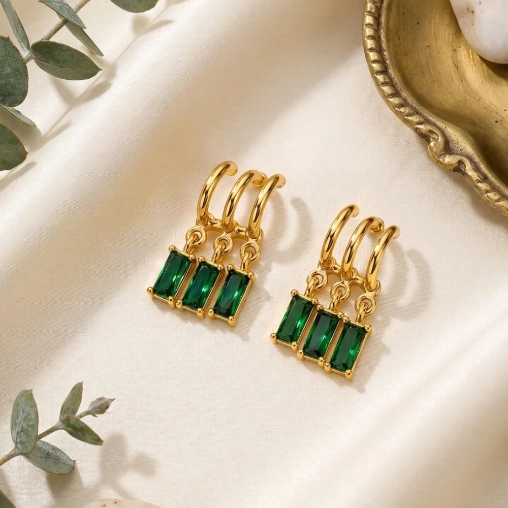 Fiza- Green Stone Triple Hoop Dangle Earrings