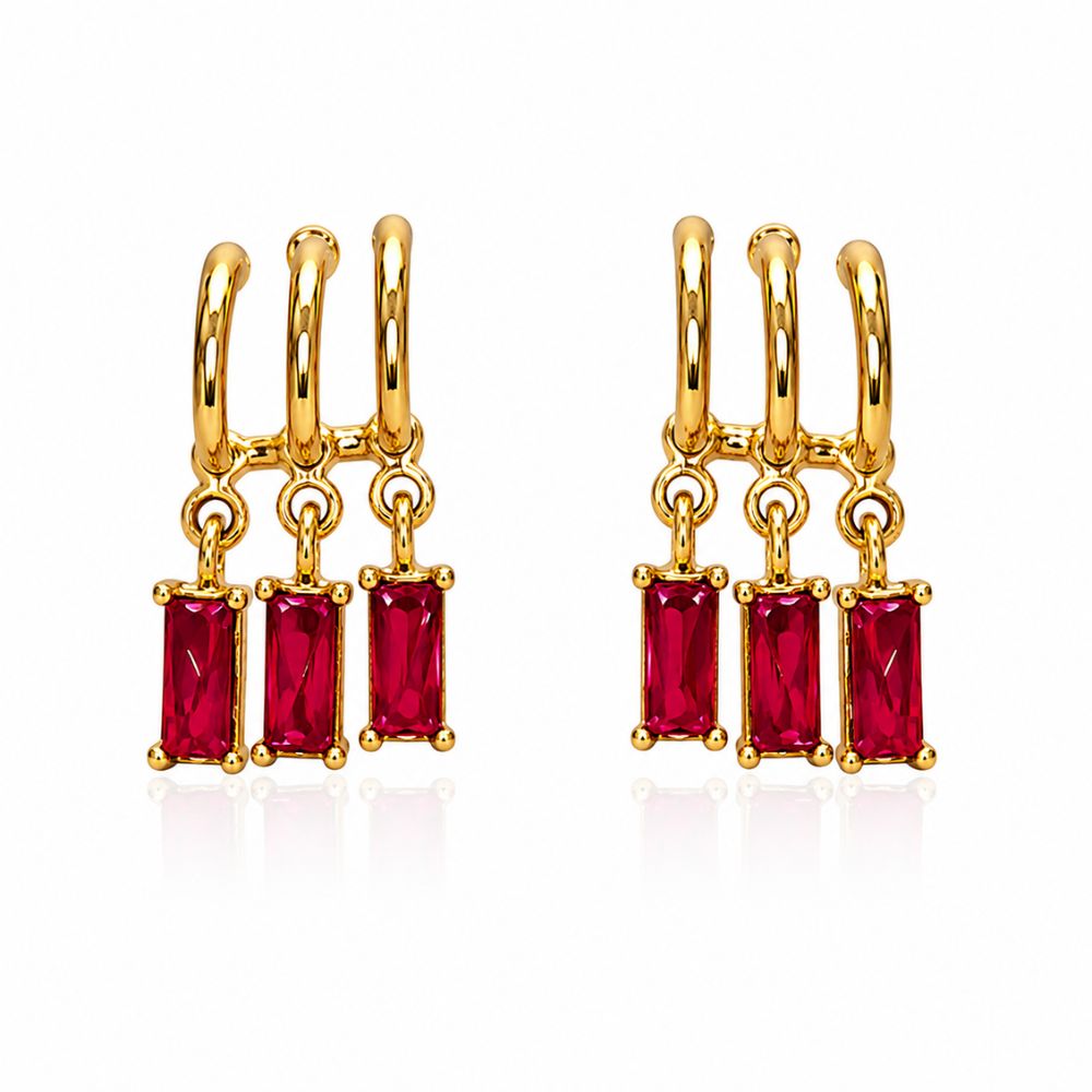 Fiza- Dark Pink Stone Triple Hoop Dangle Earrings