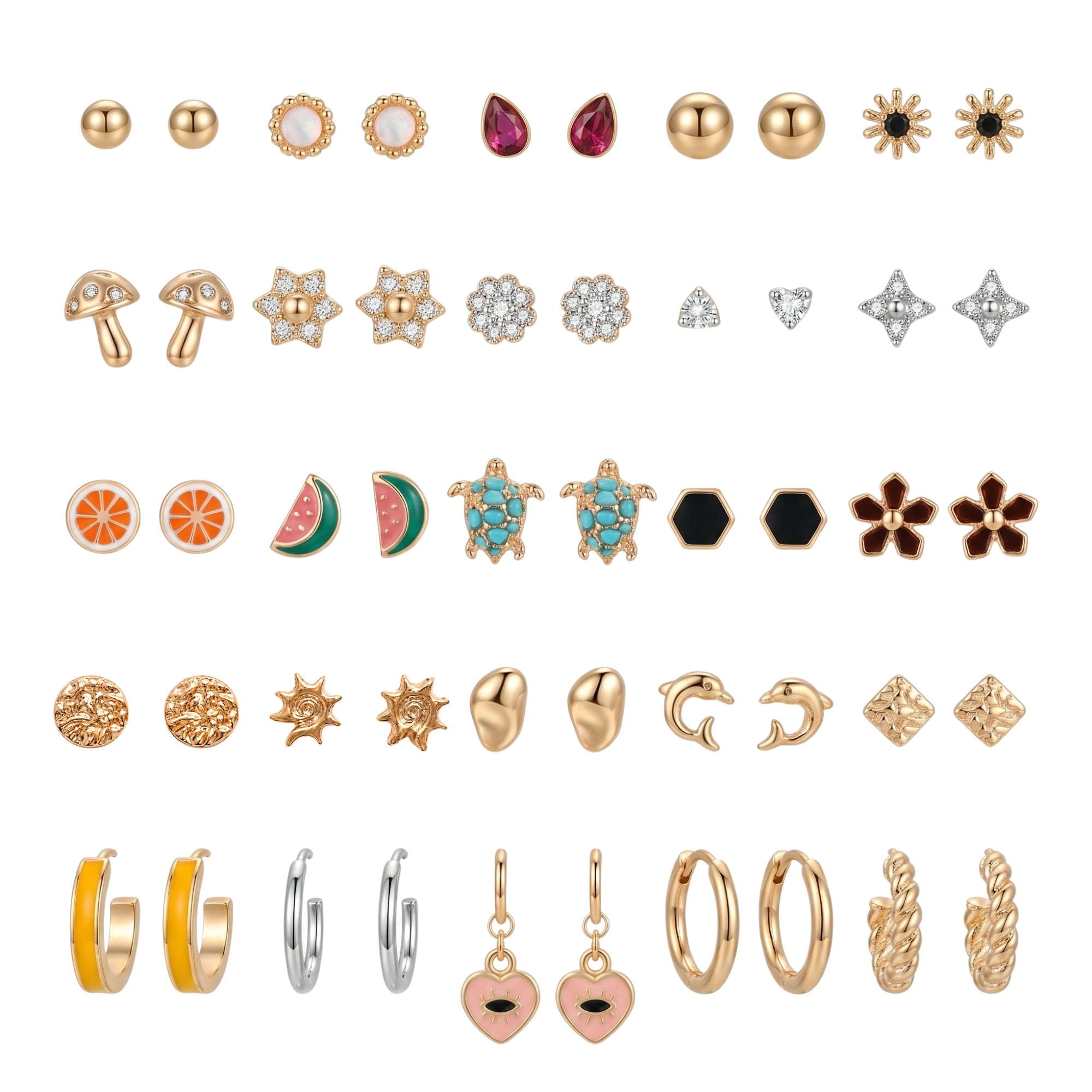 Josie- Playful Charm Stud & Hoop Earring Set (25 Pairs)