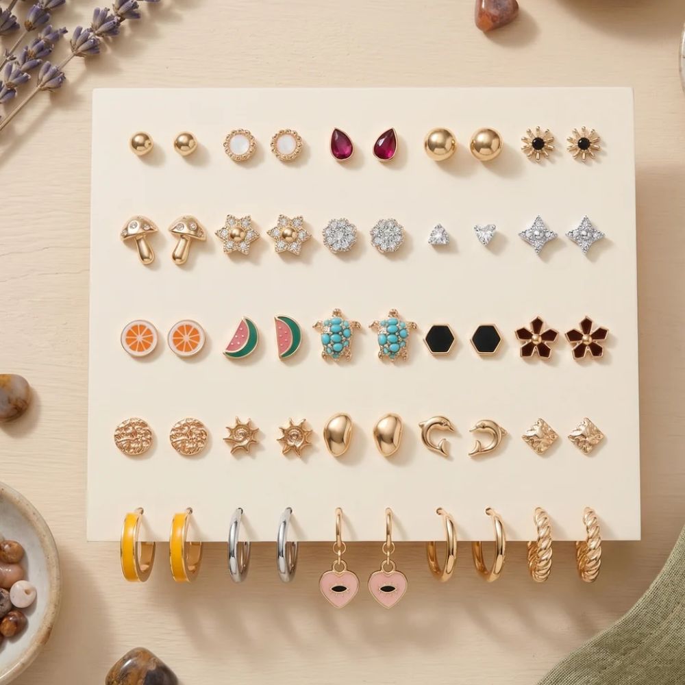Josie- Playful Charm Stud & Hoop Earring Set (25 Pairs)