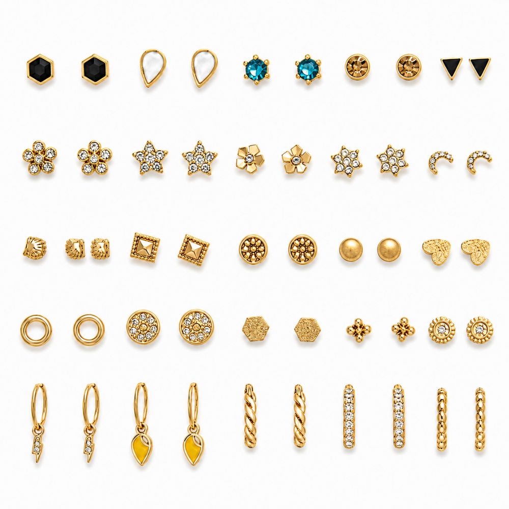 Betsy- Classic Gold Tone Stud & Hoop Earring Set (25 Pairs)