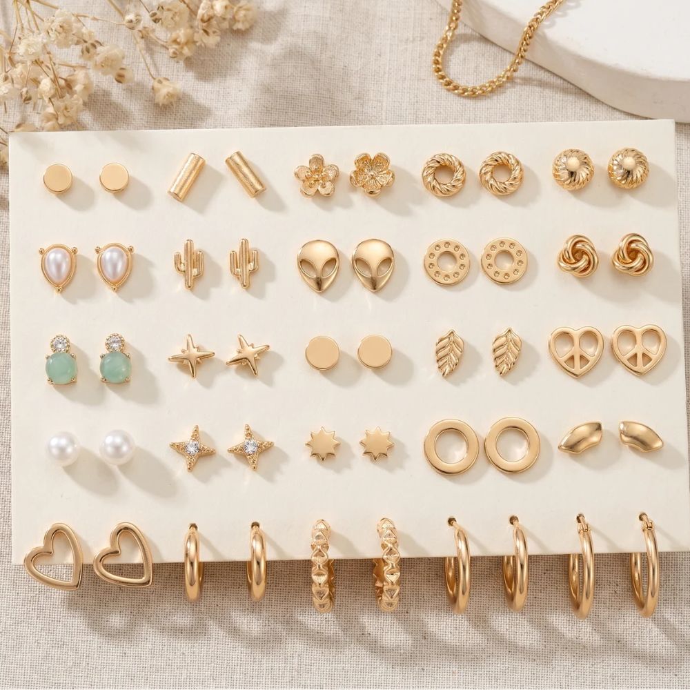 Masie- Elegant Gold Tone Stud & Hoop Earring Set (25 Pairs)