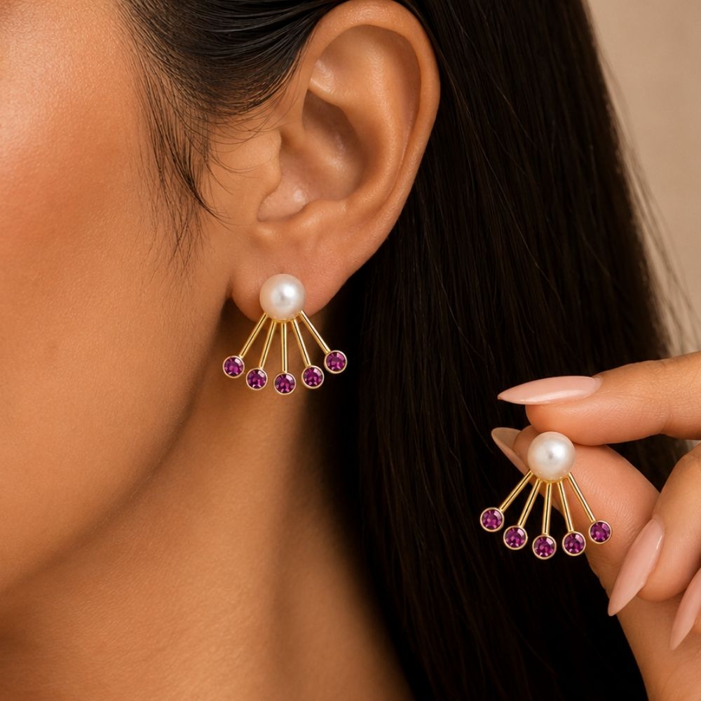 Emelia- Pearl & Wine Stone Stud Earrings