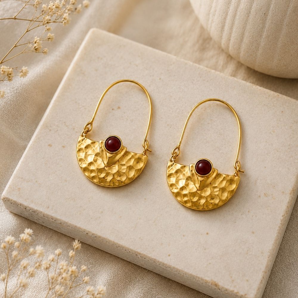 Helena- Textured Maroon Stone Statement Earrings