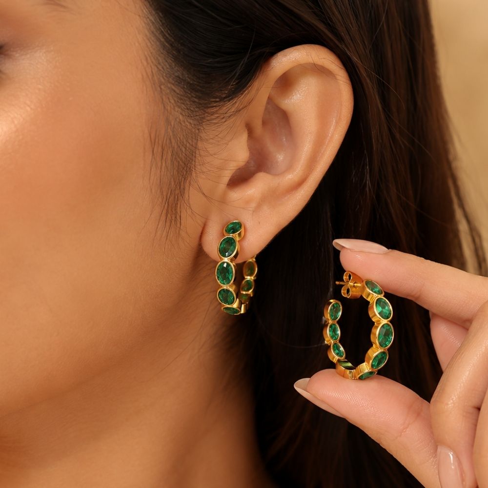 Romy- Emerald Green Stone Hoop Earrings