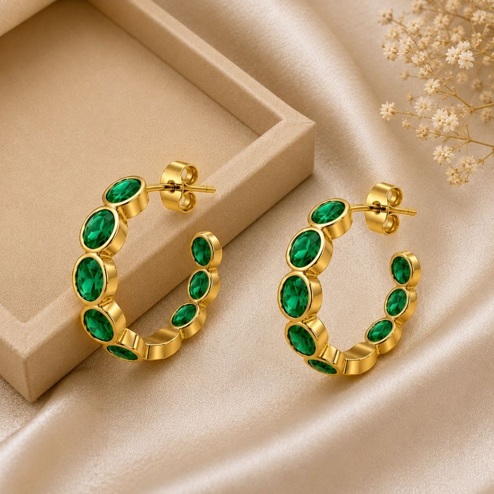 Romy- Emerald Green Stone Hoop Earrings