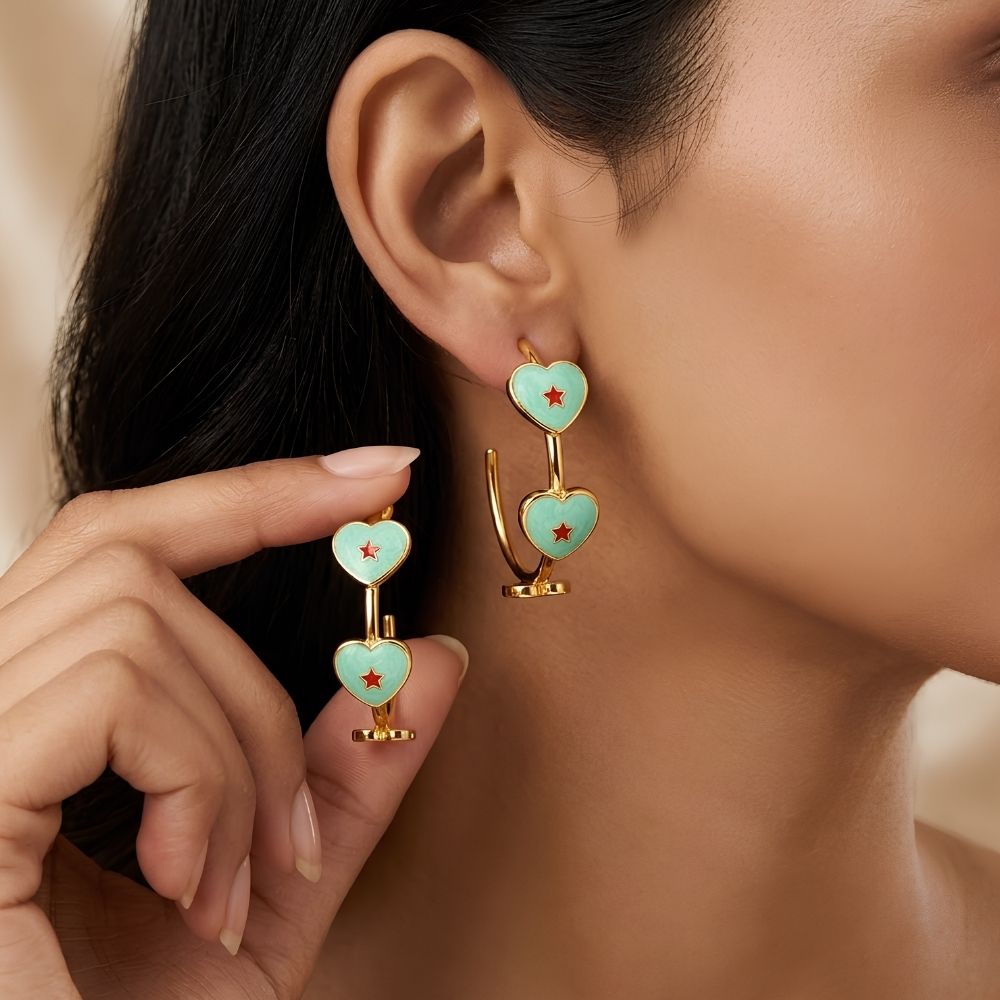 Caroline- Mint Green Heart Star Hoop Earrings