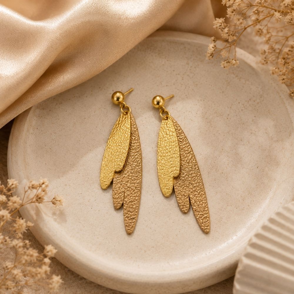Clieo- Textured Layered Leaf Drop Earrings