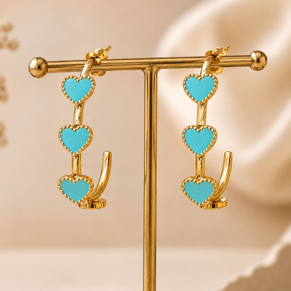 Amora - Blue Triple Heart Hoop Earrings