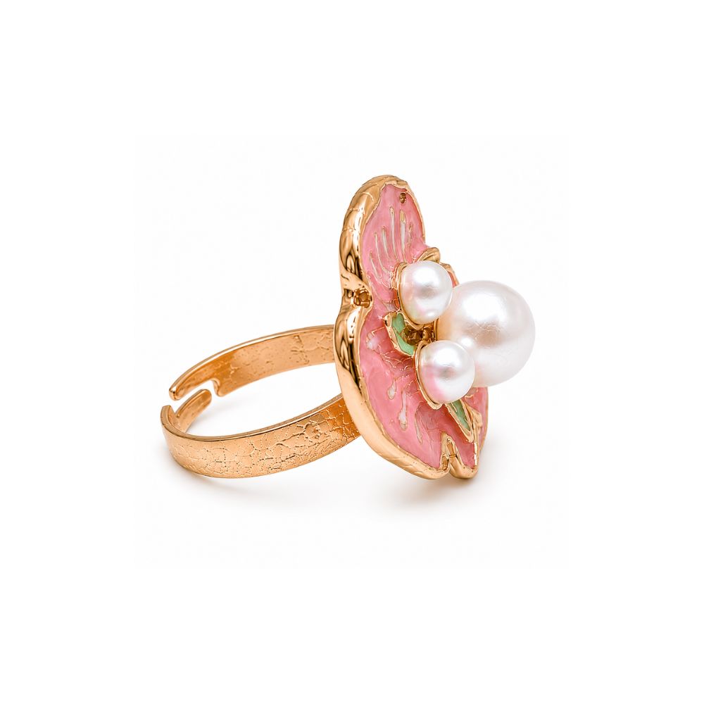 Willow-  PinkFloral Adjustable Ring with Pearl and Enamel Design