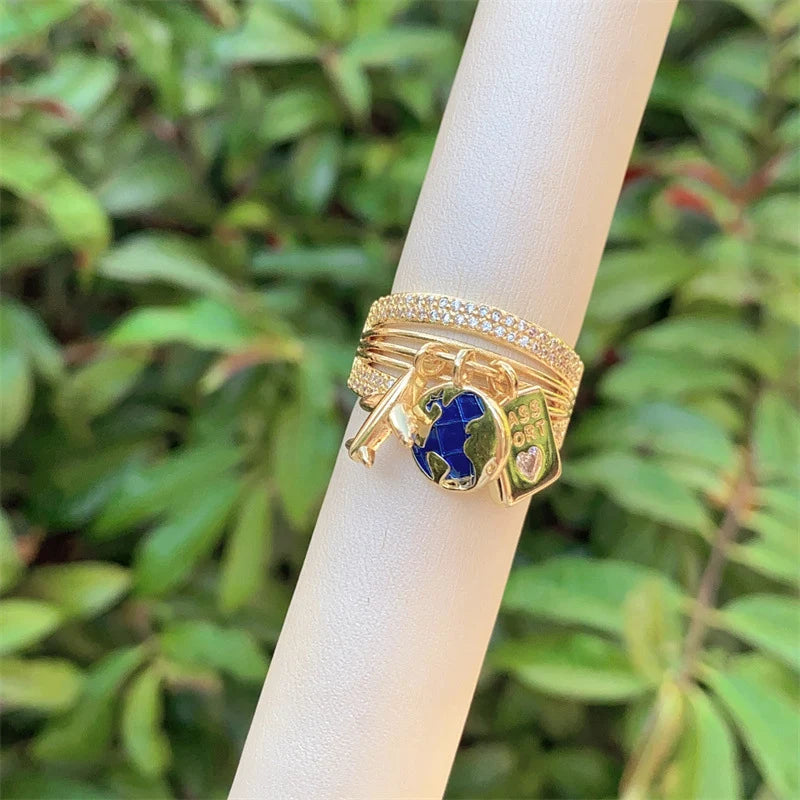 Riha-Blue Enamel & Crystal Charm Designer Ring For Women