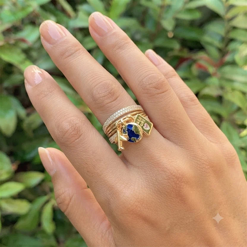 Riha-Blue Enamel & Crystal Charm Designer Ring For Women