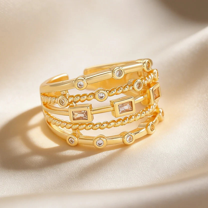 Multilayer Crystal Studded Adjustable Statement Ring For Women