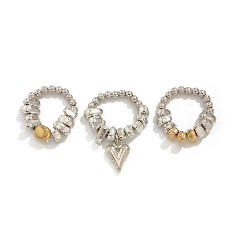 Dual Tone Chunky Heart Charm Designer Ring Set For Women