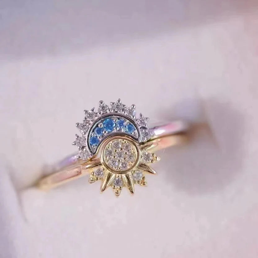 Sun & Moon Crystal Studded Designer Ring Set For Women