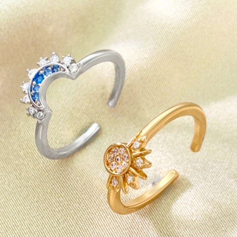 Sun & Moon Crystal Studded Designer Ring Set For Women