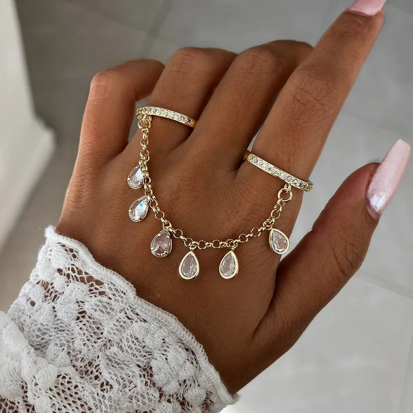 Crystal Studded Teardrop Chain Ring For Women