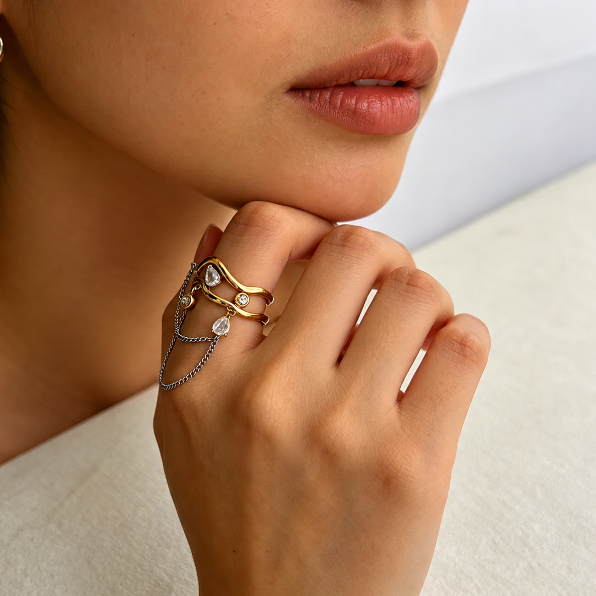 Crystal Studded Chain Charm Statement Ring