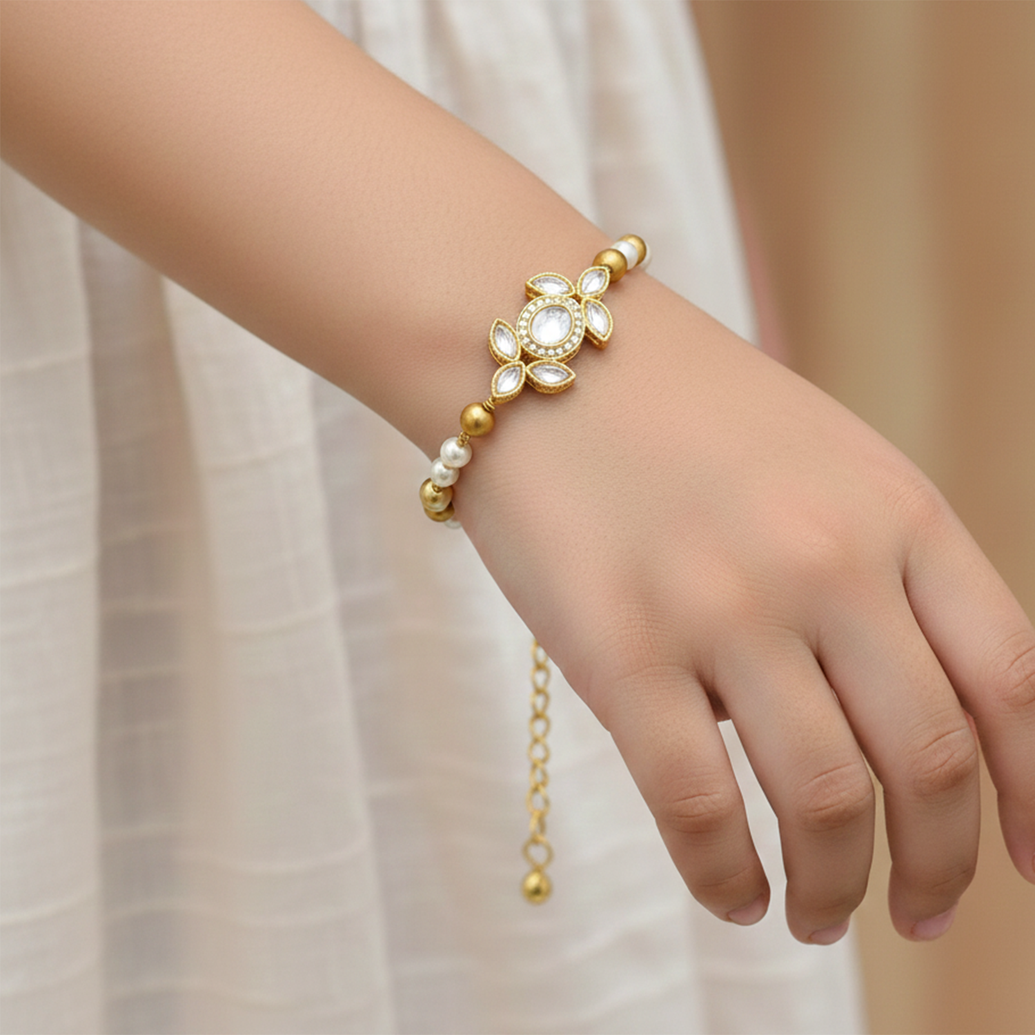 Aarohi- Kids Gold-Tone Pearl & Kundan Jewellery Set | Necklace, Earrings, Bracelet & Maang Tikka for Girls