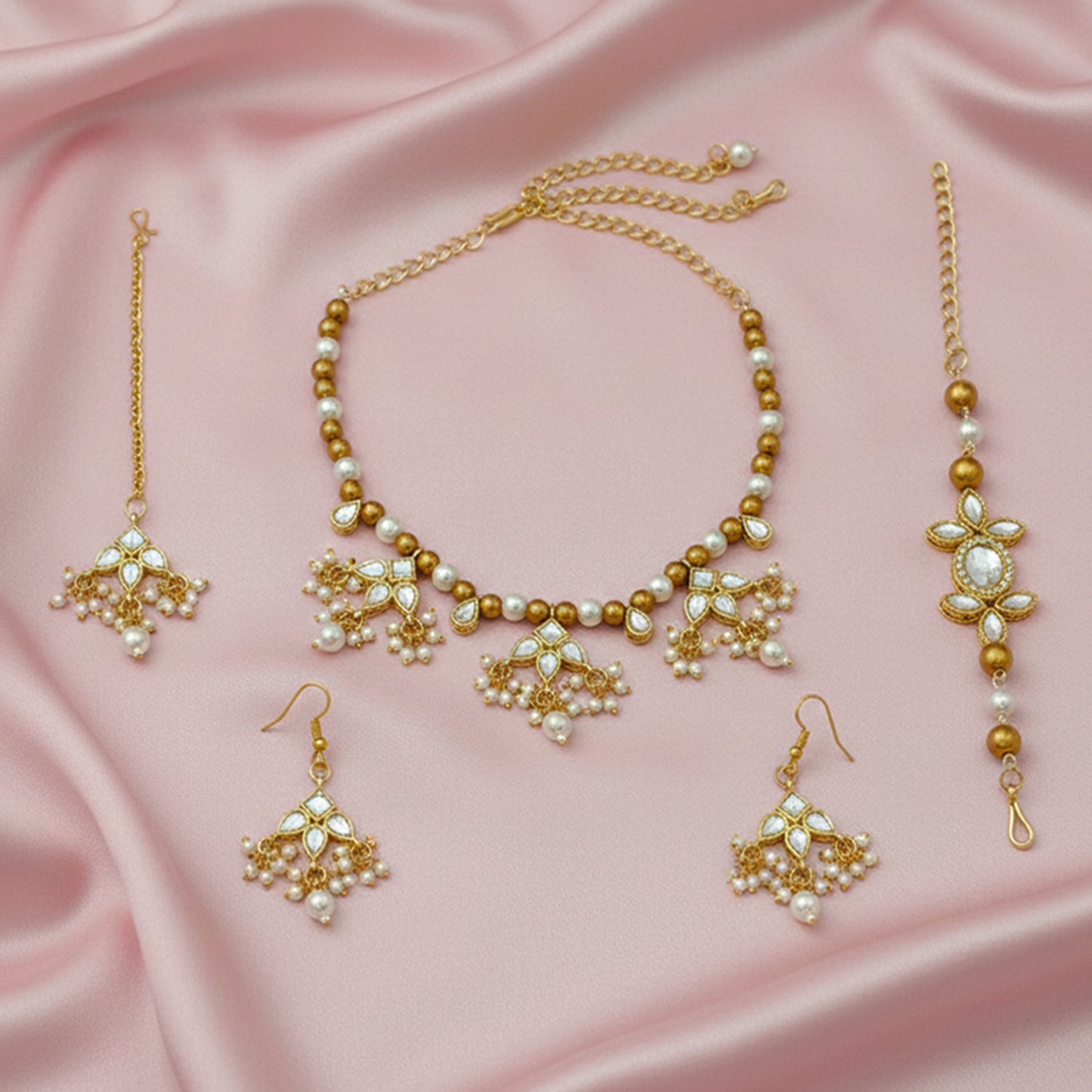 Aarohi- Kids Gold-Tone Pearl & Kundan Jewellery Set | Necklace, Earrings, Bracelet & Maang Tikka for Girls