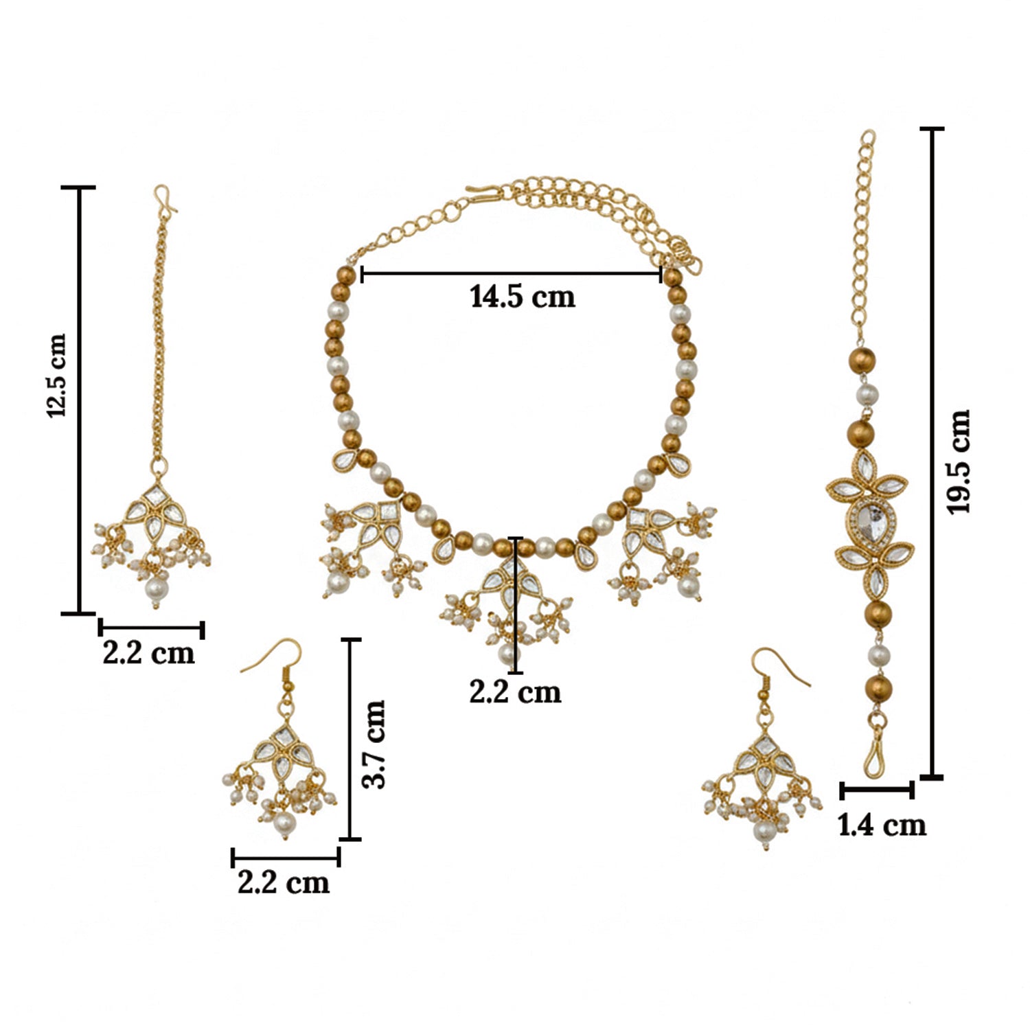 Aarohi- Kids Gold-Tone Pearl & Kundan Jewellery Set | Necklace, Earrings, Bracelet & Maang Tikka for Girls