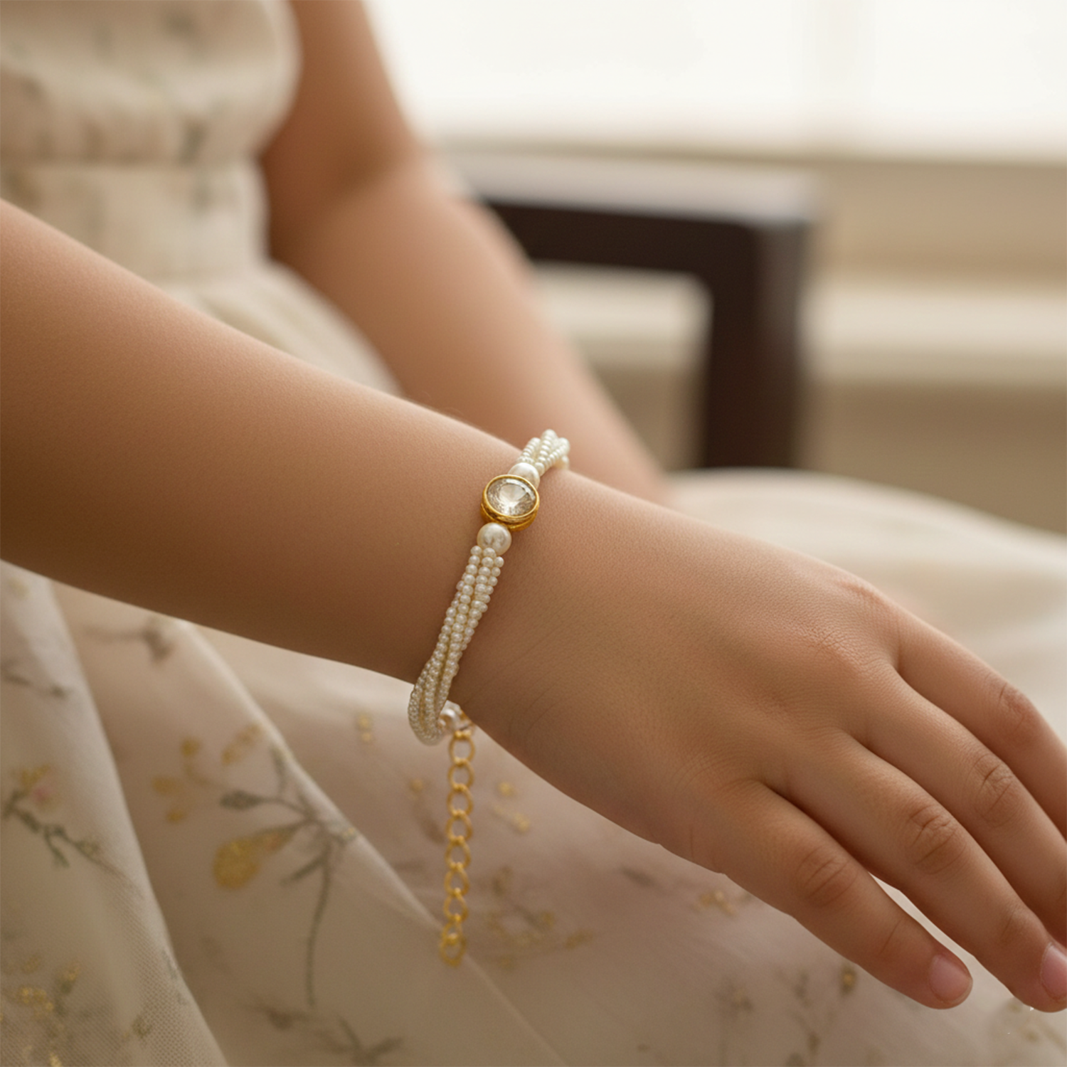 jyoti- Kids Pearl White Kundan Jewellery Set | Necklace, Earrings, Bracelet & Maang Tikka for Girls
