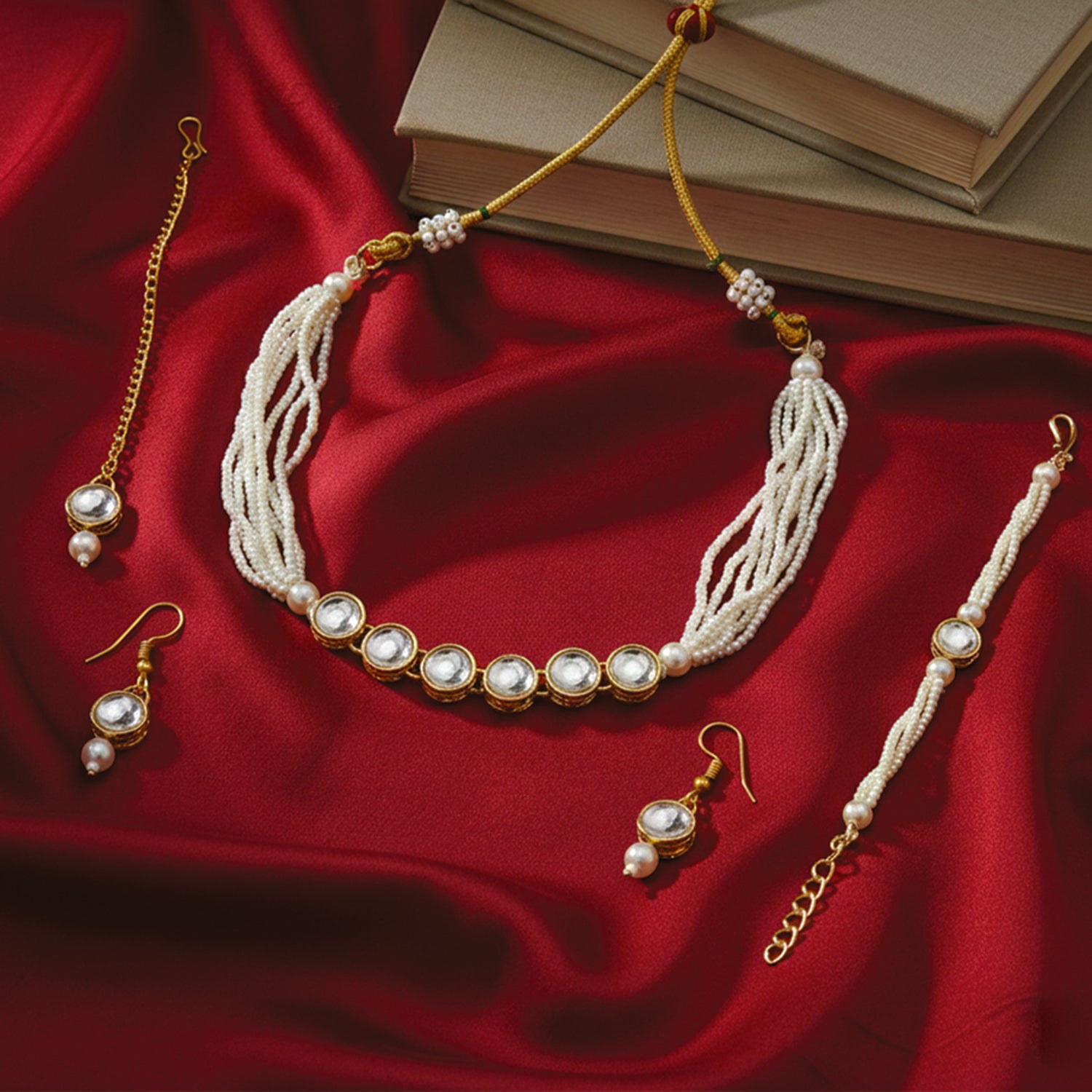 jyoti- Kids Pearl White Kundan Jewellery Set | Necklace, Earrings, Bracelet & Maang Tikka for Girls