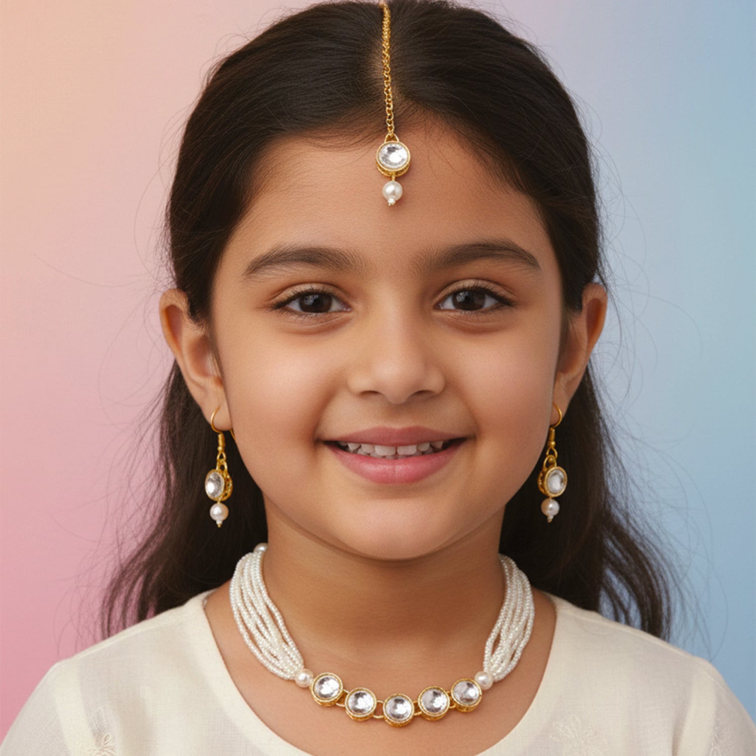 jyoti- Kids Pearl White Kundan Jewellery Set | Necklace, Earrings, Bracelet & Maang Tikka for Girls
