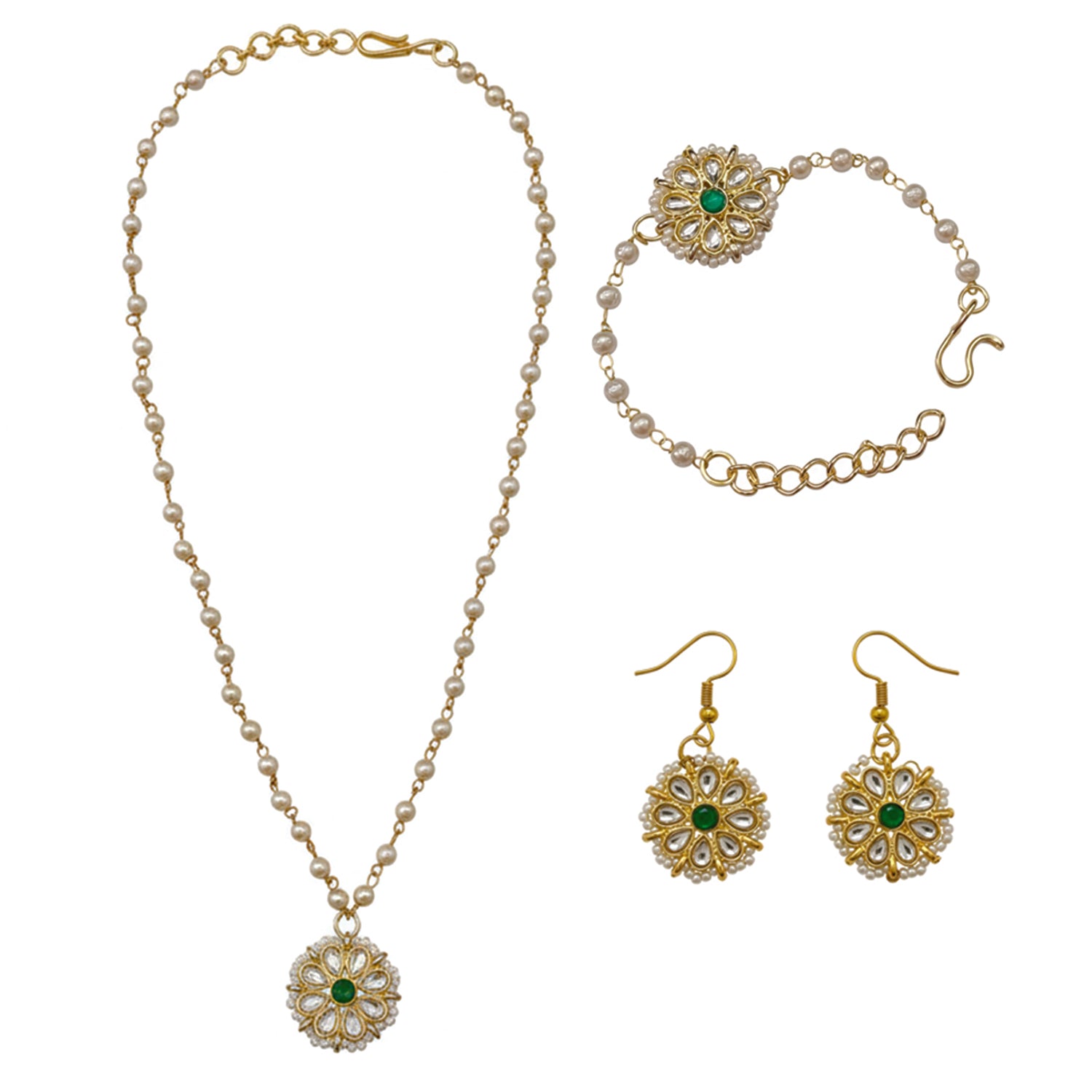 Siyona- Pearl Kundan Kids Jewellery Set with Green Floral Motif | Necklace, Earrings & Bracelet