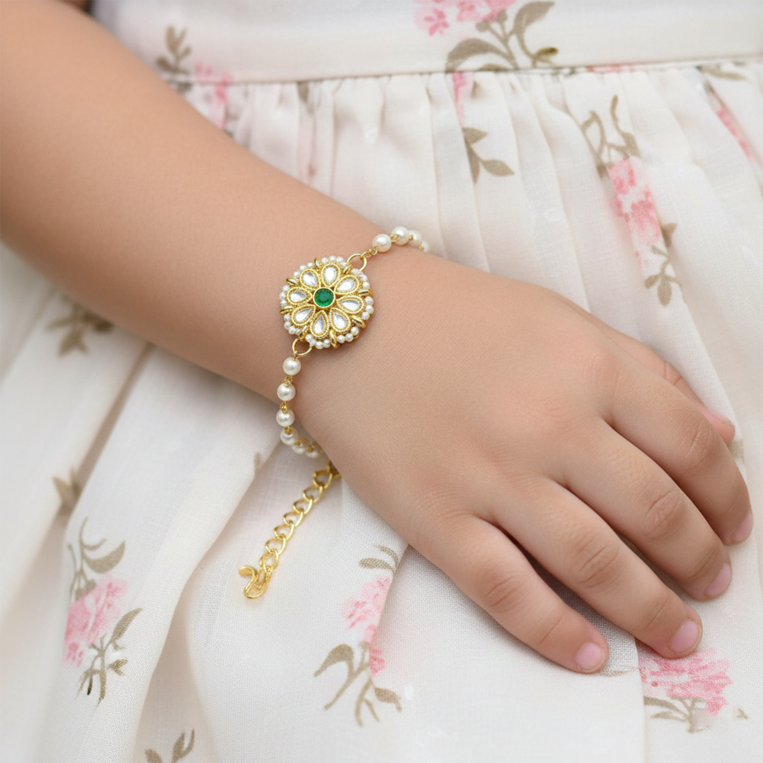 Siyona- Pearl Kundan Kids Jewellery Set with Green Floral Motif | Necklace, Earrings & Bracelet