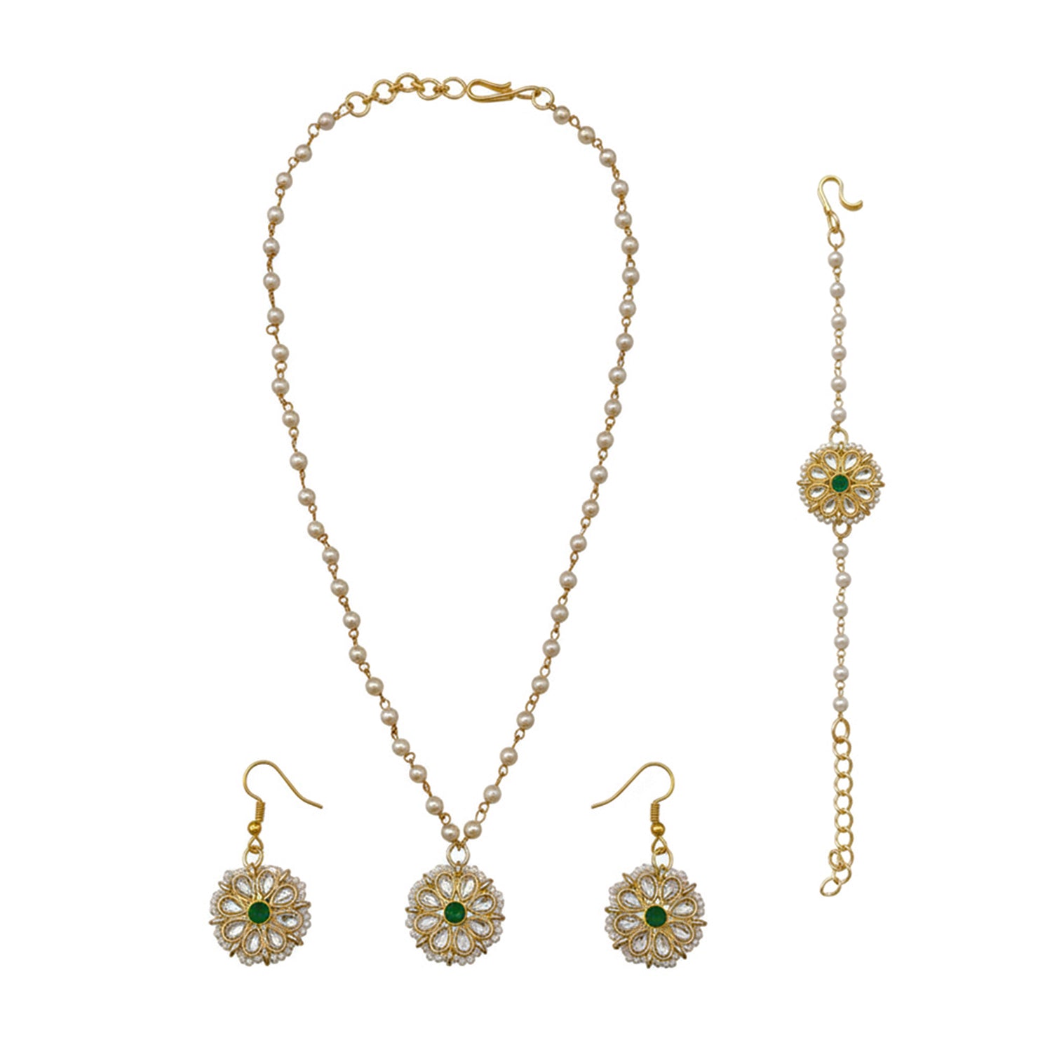 Siyona- Pearl Kundan Kids Jewellery Set with Green Floral Motif | Necklace, Earrings & Bracelet