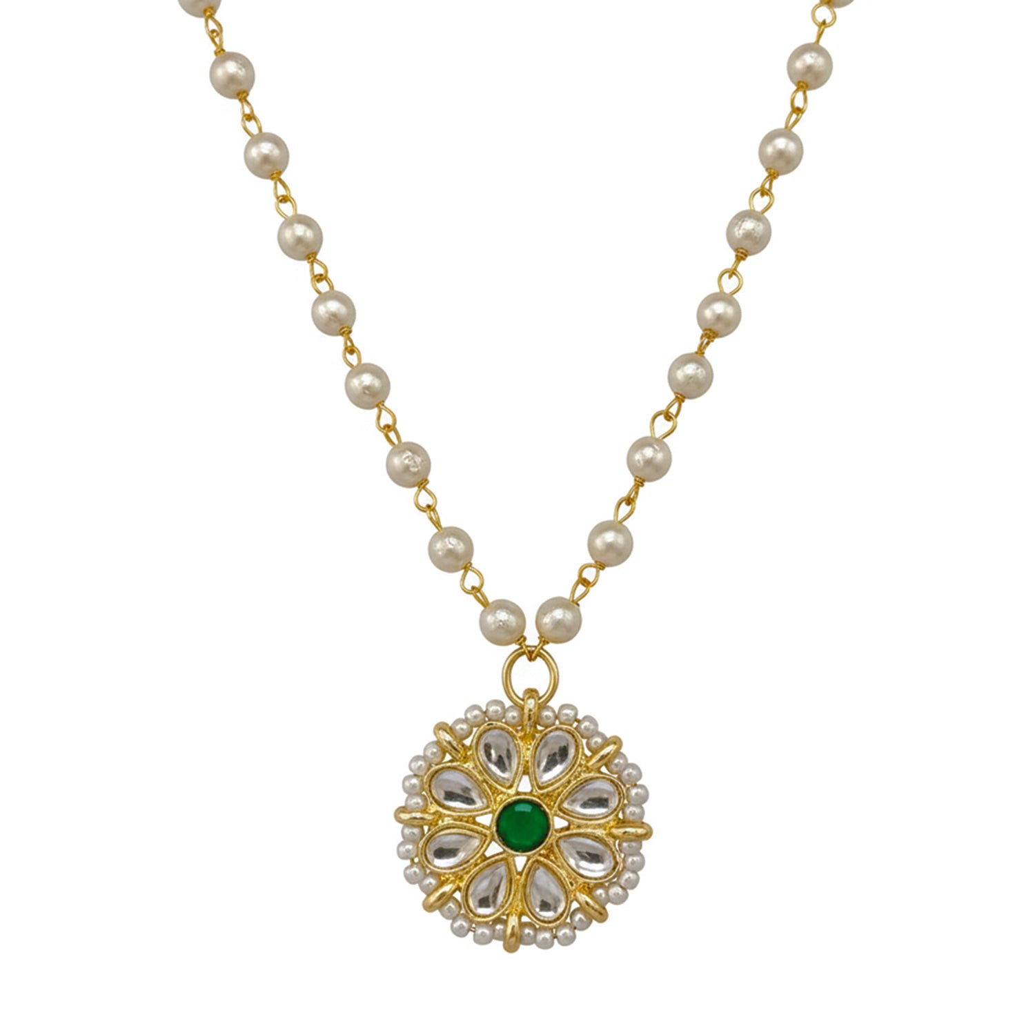 Siyona- Pearl Kundan Kids Jewellery Set with Green Floral Motif | Necklace, Earrings & Bracelet