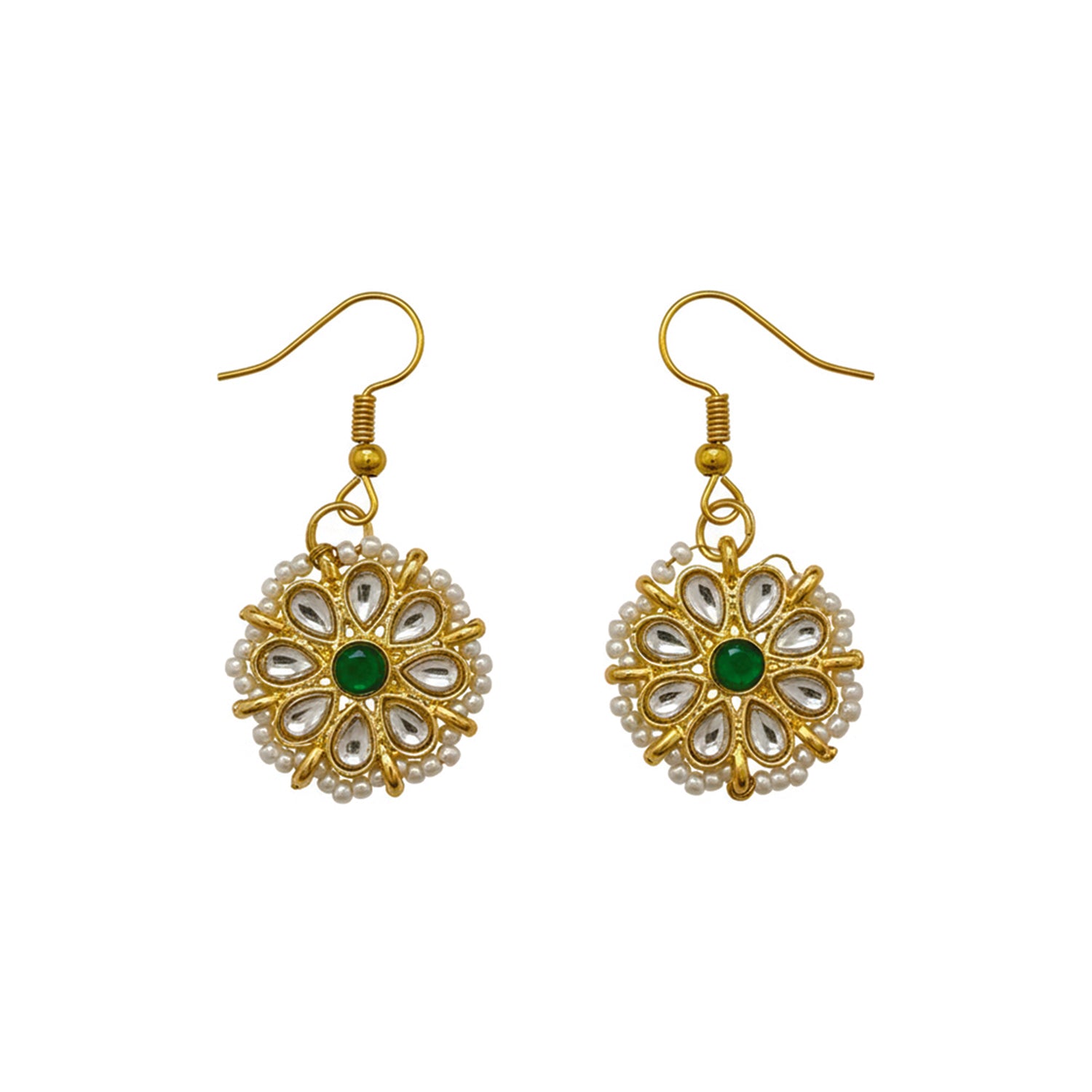 Siyona- Pearl Kundan Kids Jewellery Set with Green Floral Motif | Necklace, Earrings & Bracelet