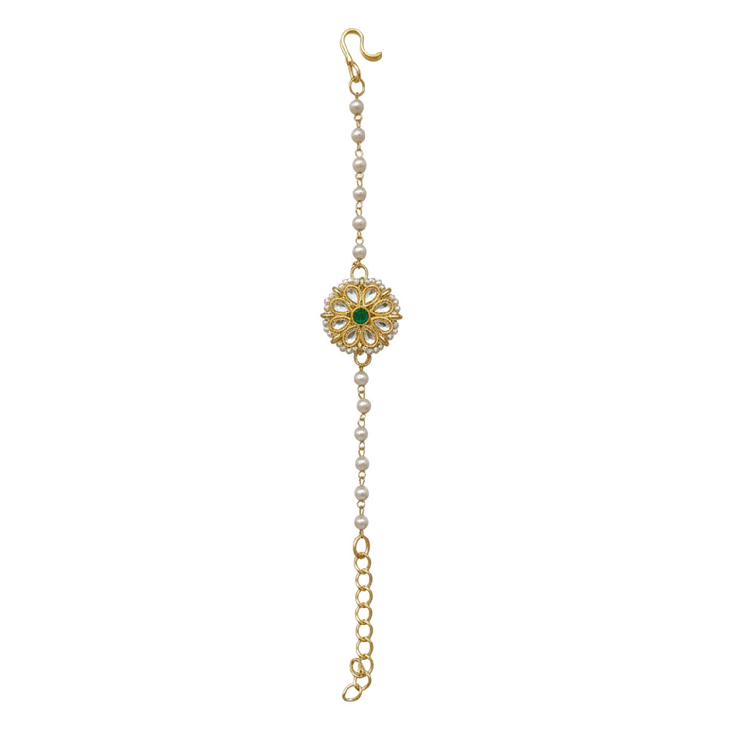 Siyona- Pearl Kundan Kids Jewellery Set with Green Floral Motif | Necklace, Earrings & Bracelet