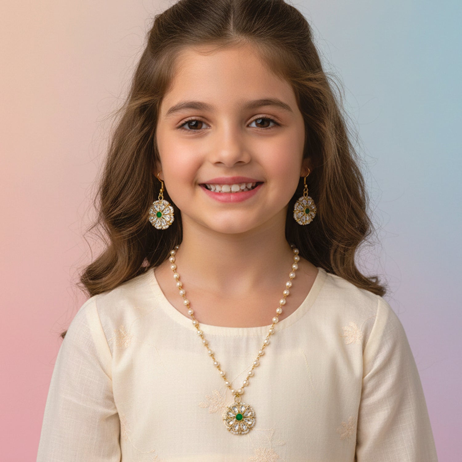 Siyona- Pearl Kundan Kids Jewellery Set with Green Floral Motif | Necklace, Earrings & Bracelet