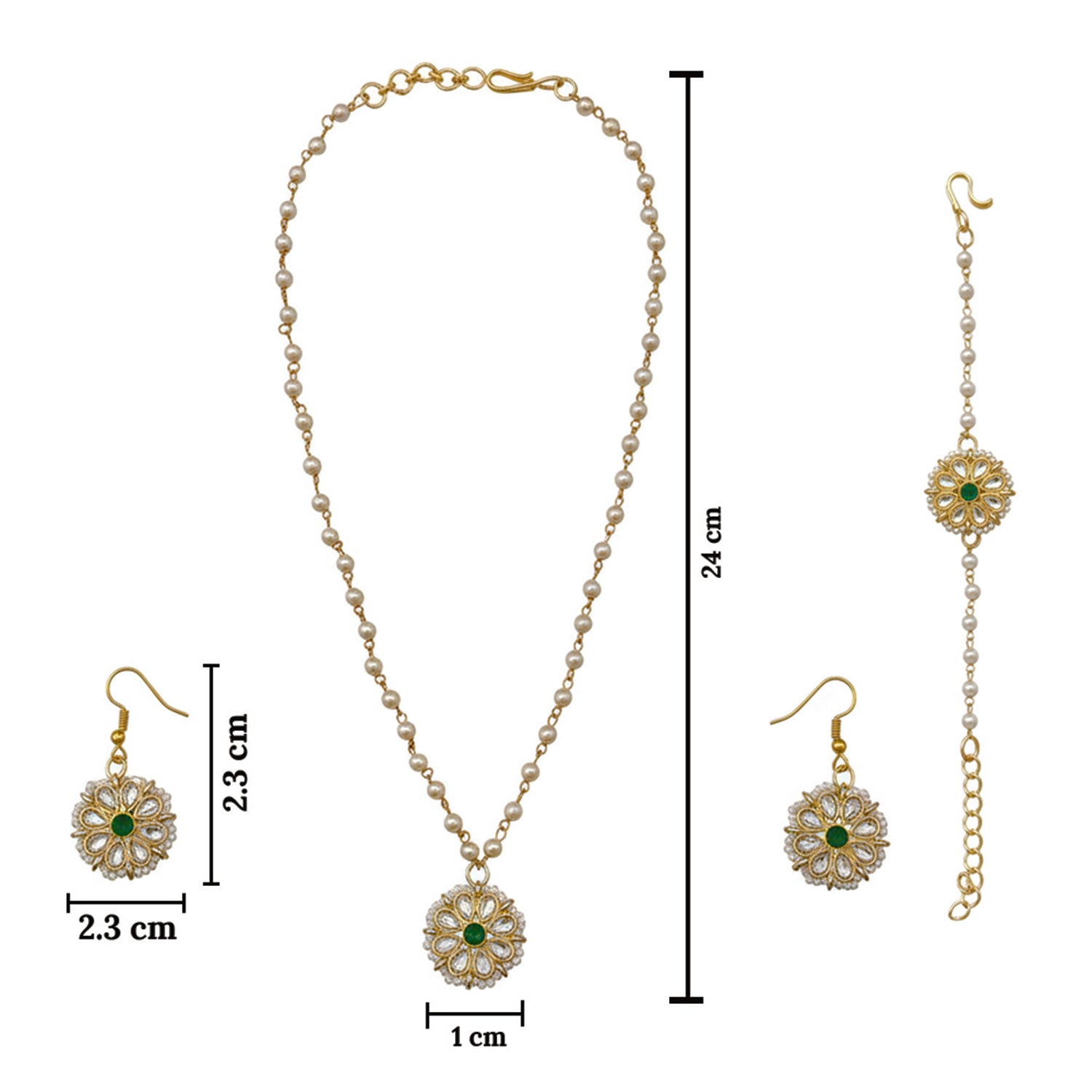 Siyona- Pearl Kundan Kids Jewellery Set with Green Floral Motif | Necklace, Earrings & Bracelet