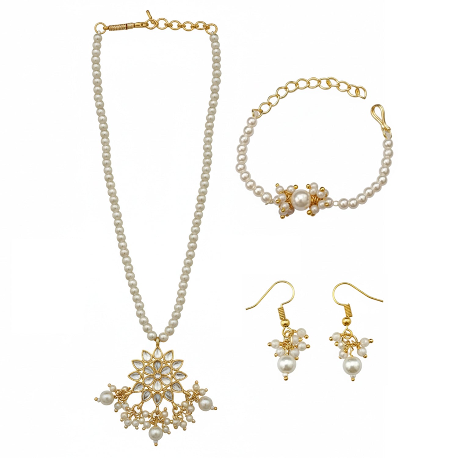 Ankriti- Kids Pearl Floral Jewellery Set | Necklace, Earrings & Bracelet for Girls