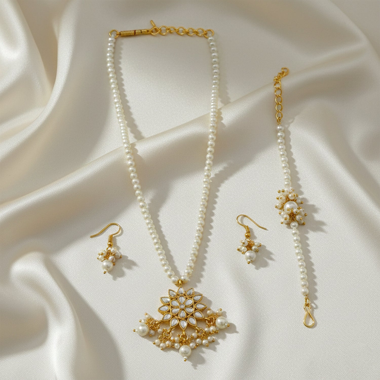 Ankriti- Kids Pearl Floral Jewellery Set | Necklace, Earrings & Bracelet for Girls