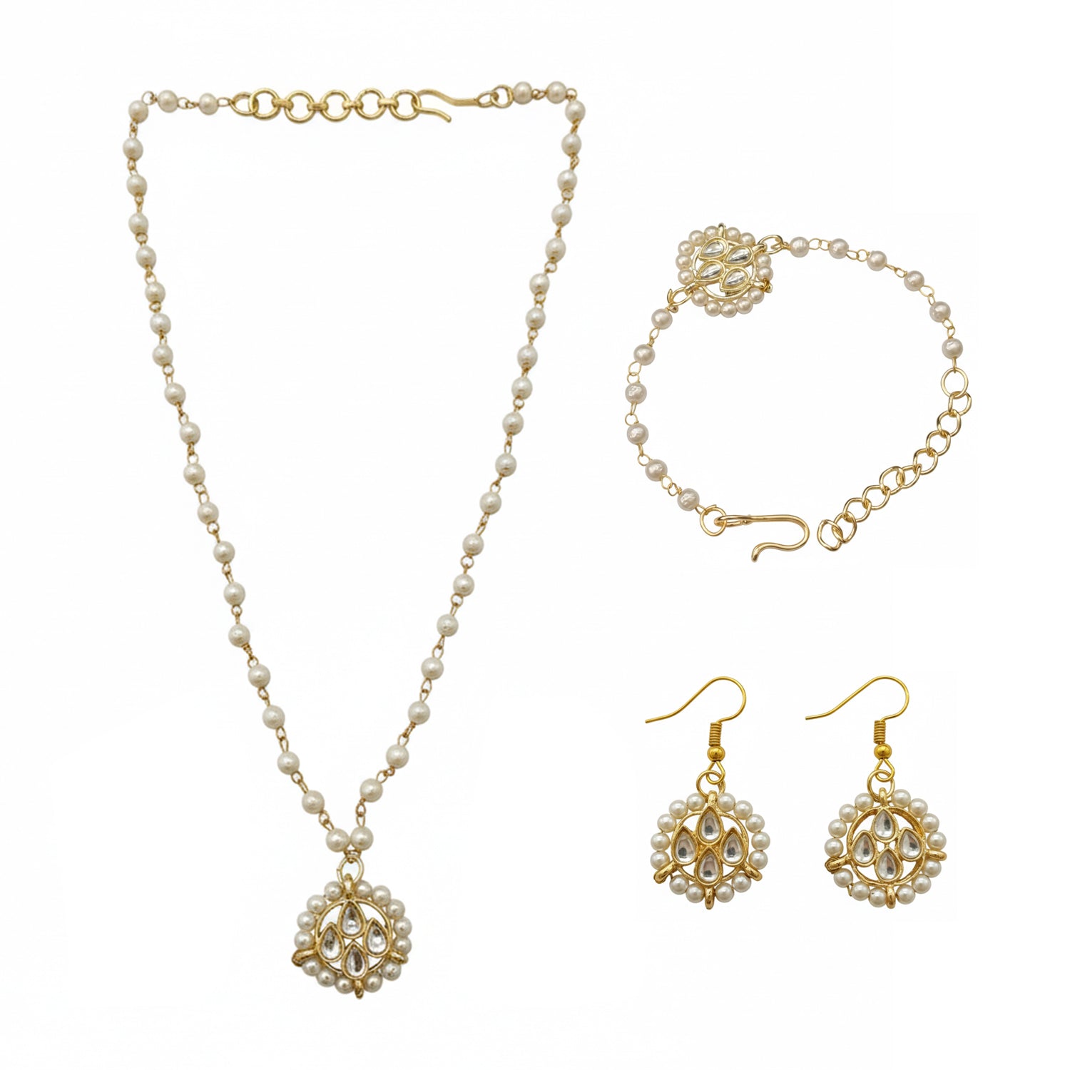 Shirin- Kids Pearl Kundan Jewellery Set | Necklace, Earrings & Bracelet for Girls