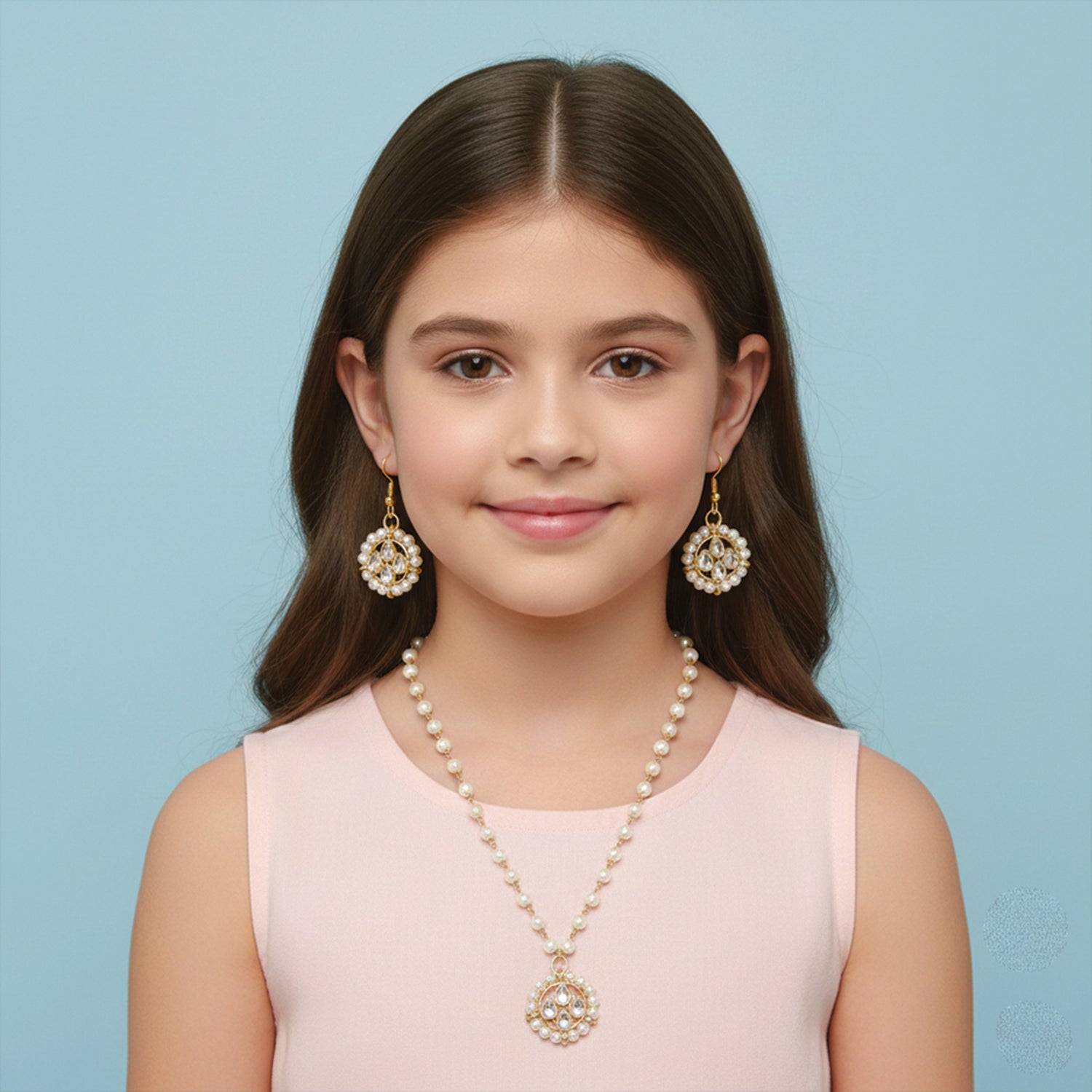 Shirin- Kids Pearl Kundan Jewellery Set | Necklace, Earrings & Bracelet for Girls
