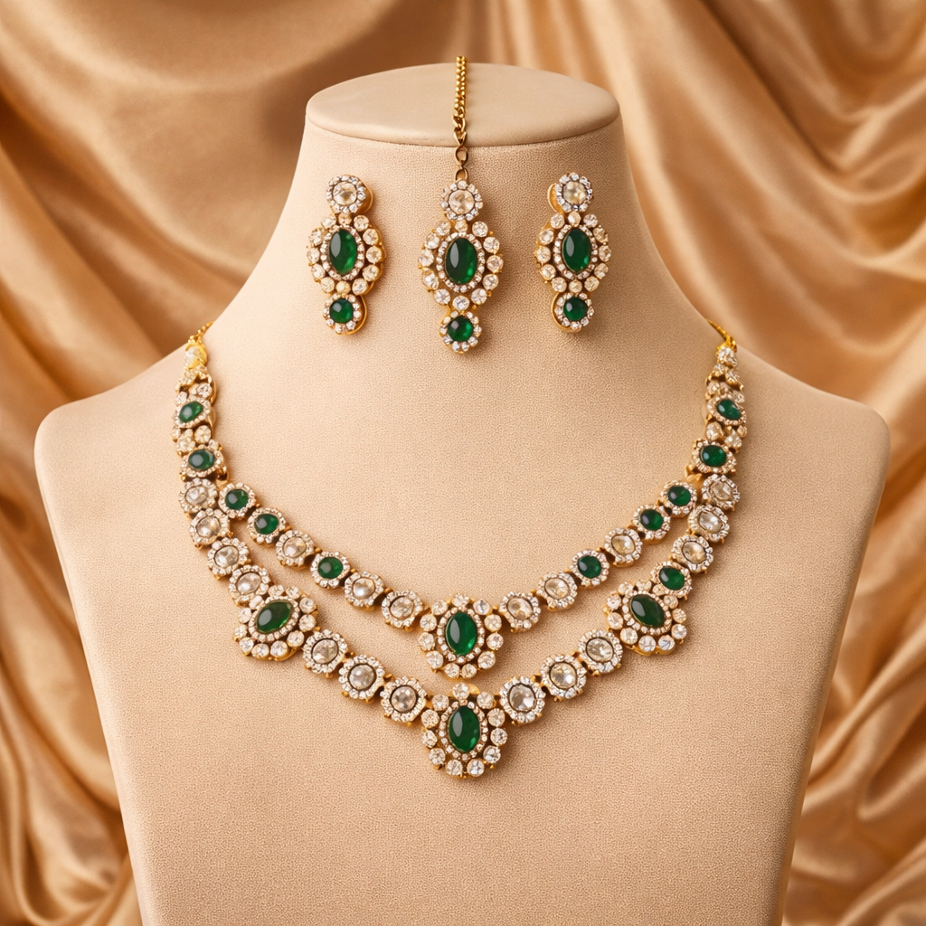 Umaani- Emerald Polki Kundan Dual-Layer Bridal Necklace Set