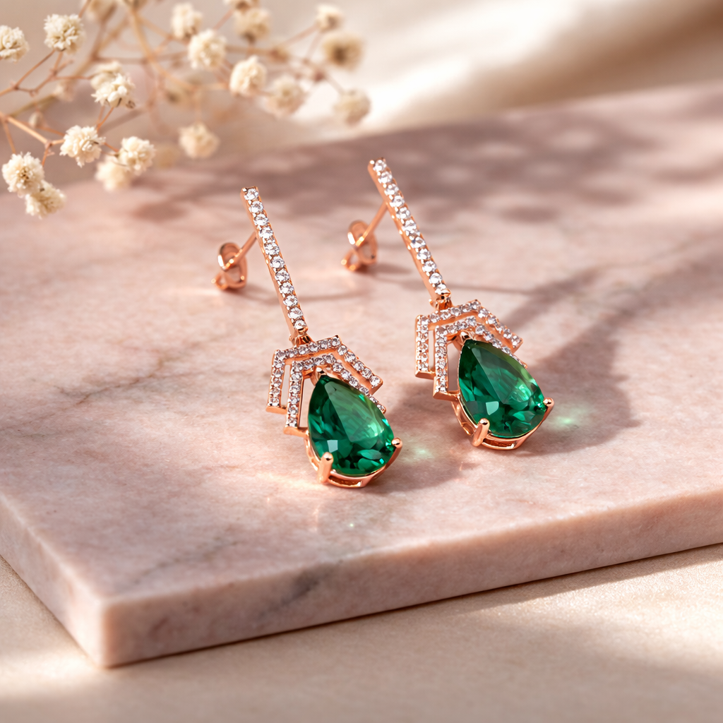 Flora- Green Drop Earrings with Pavé Accents