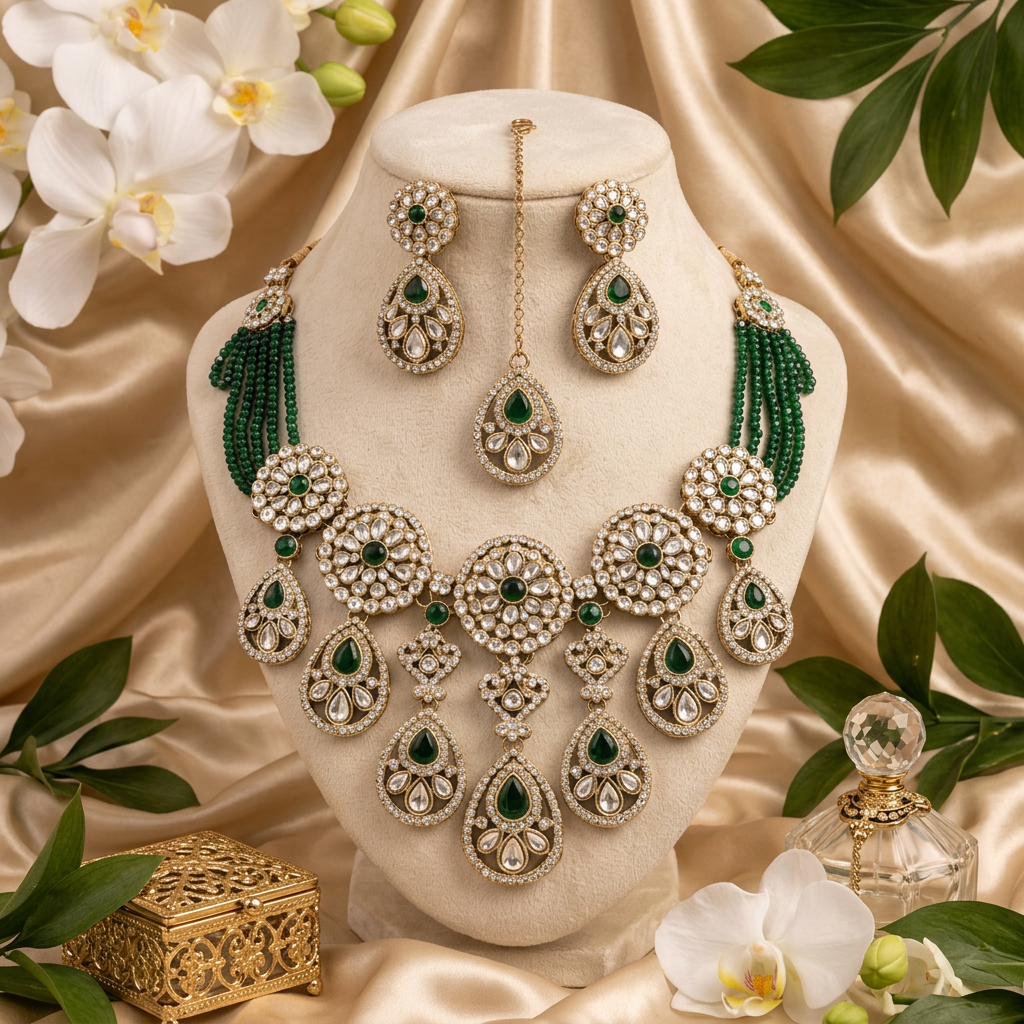 Reeya- Royal Emerald Green Polki Kundan & Beaded Bridal Necklace Set with Matching Earrings and Maang Tikka