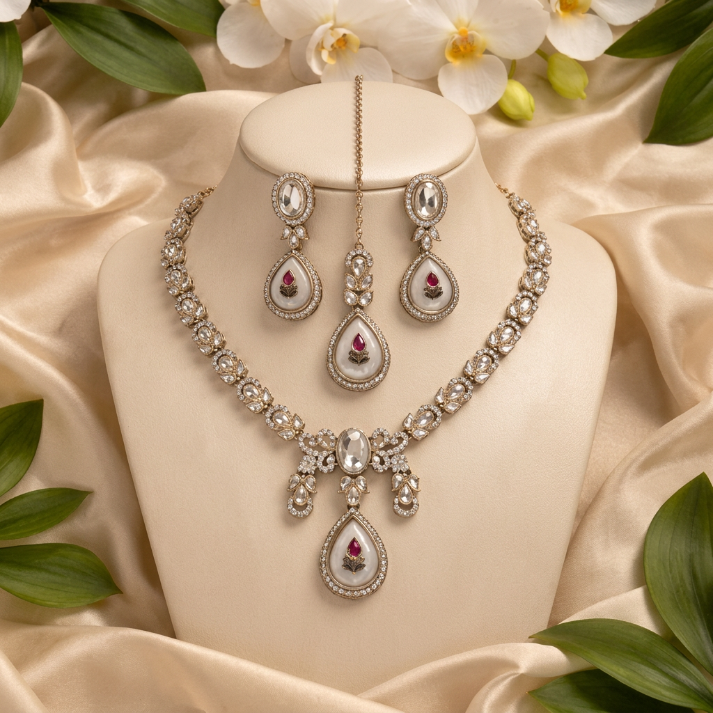 Aarini- Elegant White Stone Polki Kundan Necklace Set with Teardrop Pendant, Matching Earrings & Maang Tikka